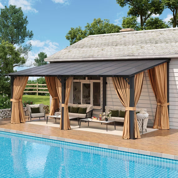 Aoxun 10'x20' Lean to Gazebo with Mosquito Net and Curtains, Aluminum Frame, Polycarbonate Panel, Wall Mounted Pergola with Sloped Roof for Backyard, Porch, Deck