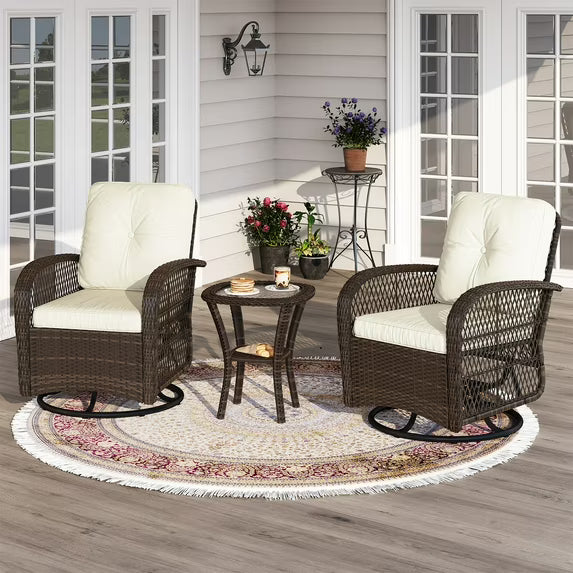 Sunmthink 3-Piece Patio Furniture Set with Swivel Rocking Chairs and Side Table, Thickened Cushions Outdoor Wicker Bistro for Porch Deck Backyard (White)