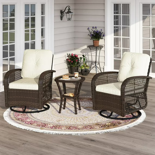 Sunmthink 3-Piece Patio Furniture Set with Swivel Rocking Chairs and Side Table, Thickened Cushions Outdoor Wicker Bistro for Porch Deck Backyard (White)