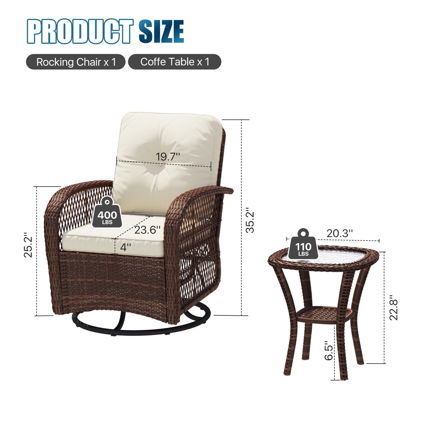 Sunmthink 3-Piece Patio Furniture Set with Swivel Rocking Chairs and Side Table, Thickened Cushions Outdoor Wicker Bistro for Porch Deck Backyard (White)