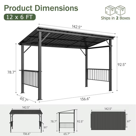 Clouddwell 12'x6' Permanent Metal Gazebo,Outdoor BBQ Canopy with Sloping Steel Roof, Grill Shelter with 2 Side Shelves and Hooks for Patio, Backyard, Deck