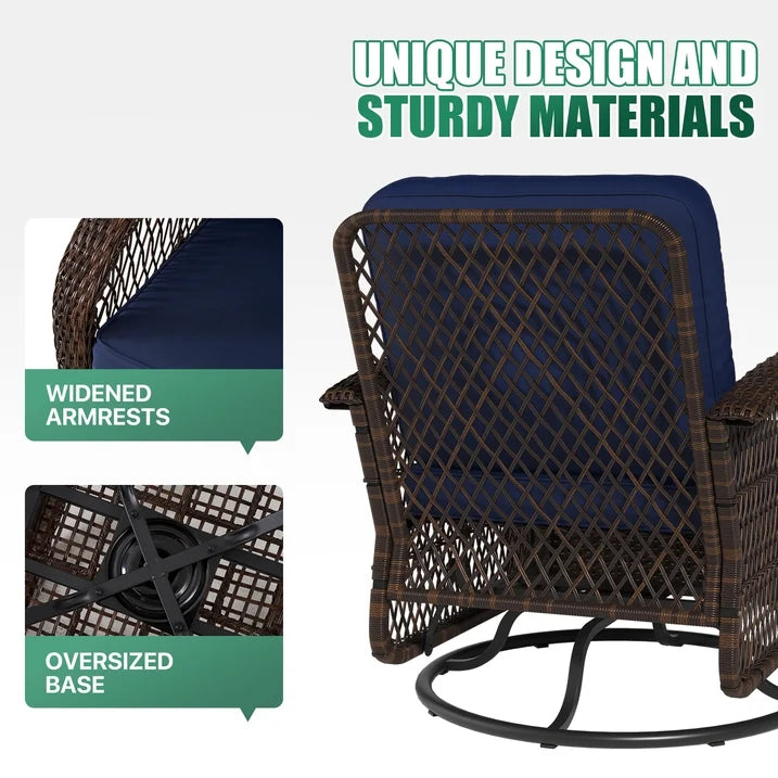 3 Piece Patio Furniture Set Swivel Outdoor Chair Wicker Rattan Patio Conversation Set Outdoor Sectional Sofa Set with Coffee Table and Blue Cushions