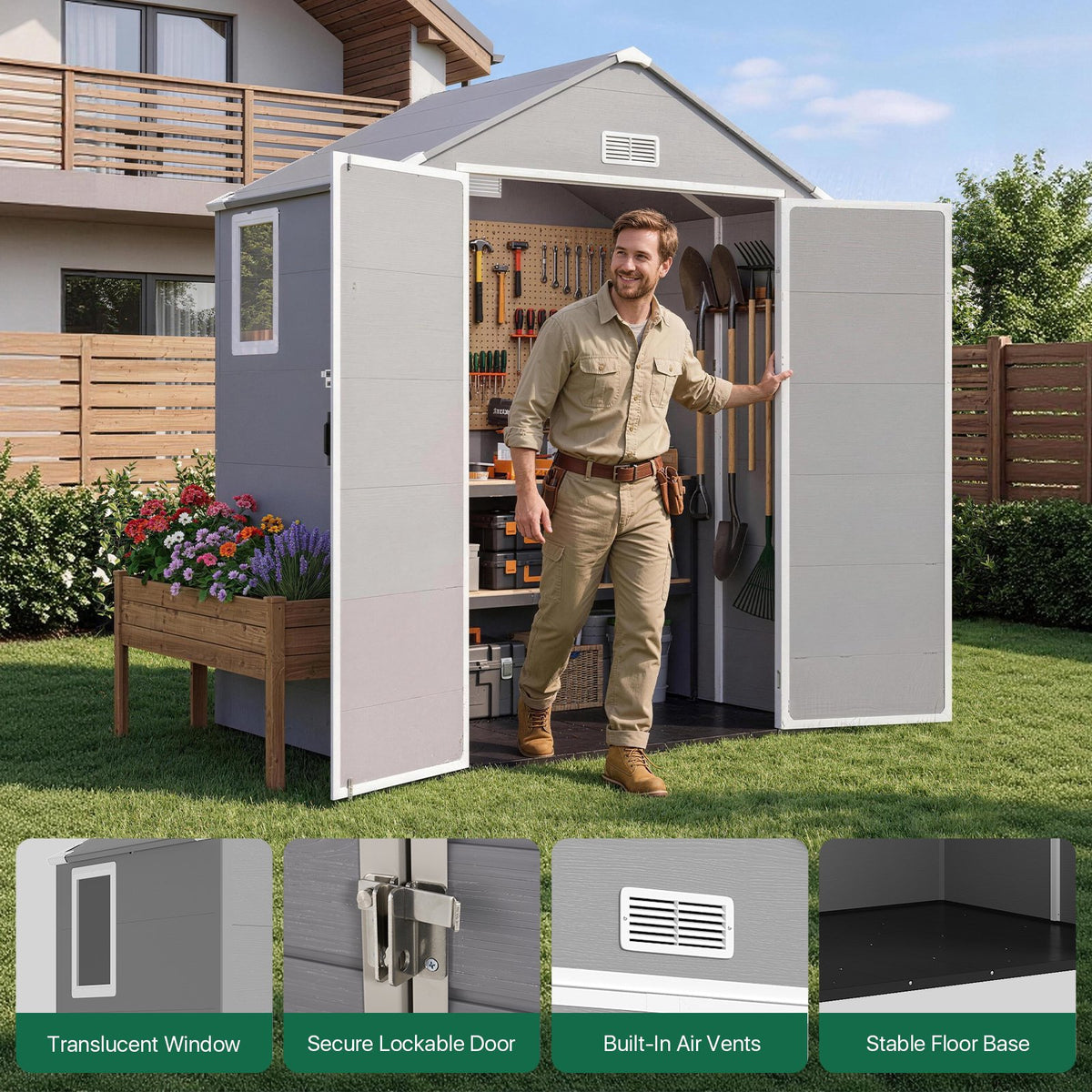 Dateyes 6 x 4 FT Resin Outdoor Storage Shed, Outdoor Sheds with Floor & Window, All-Weather Heavy Duty Plastic Shed for Backyard, Garden, Patio, Light Gray