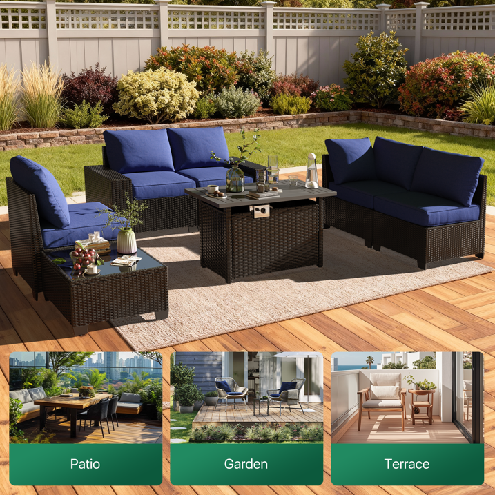 Clouddwell 7-Piece Outdoor Patio Set,4-Inch Thickened Cushions, All-Weather Wicker Sectional with Fire Table, Coffee Table & Custom Protective Cover Navy Blue