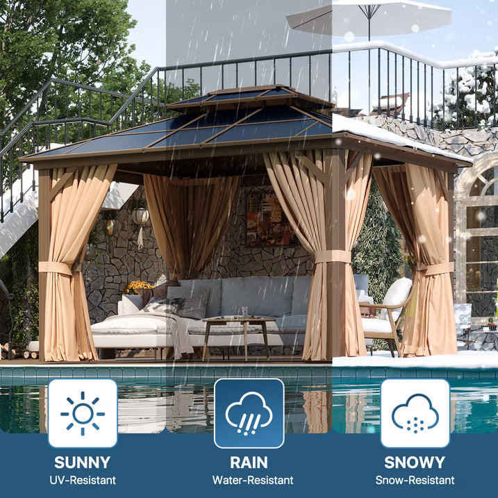 Sunmthink 10' x 12'Hardtop Gazebo,Polycarbonate Double Roof,Aluminum Frame with Curtains and Netting for Patio,Garden,Brown