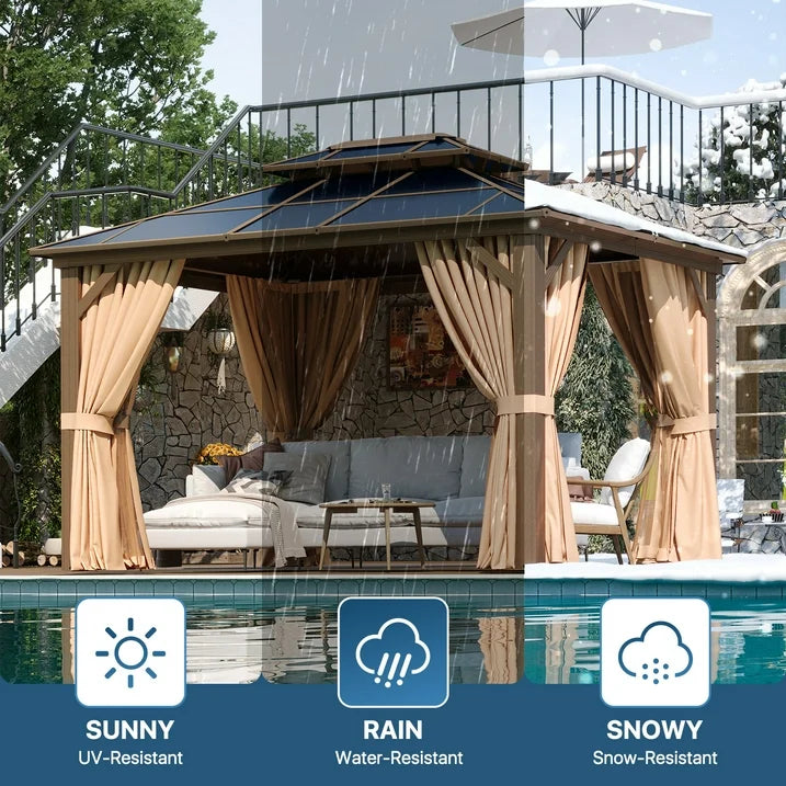 Sunmthink 10' x 12'Hardtop Gazebo,Polycarbonate Double Roof,Aluminum Frame with Curtains and Netting for Patio,Garden,Brown