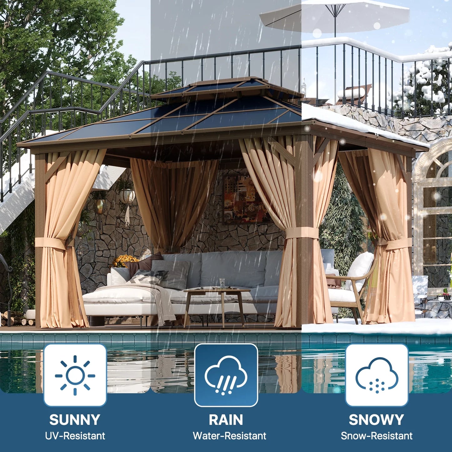 Sunmthink 10'x12' Hardtop Steel Gazebo - Durable Polycarbonate Double-Roof Design with Included Privacy Curtains & Bug Netting - Ideal for Gardens, Patios and Backyards (Brown)
