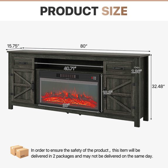 Sonegra 80" Fireplace TV Stand, Entertainment Center for TVs Up to 90”, TV Console with Storage Cabinets, Media Console for Living Room, White TV Stand and Black Fireplace, Gray
