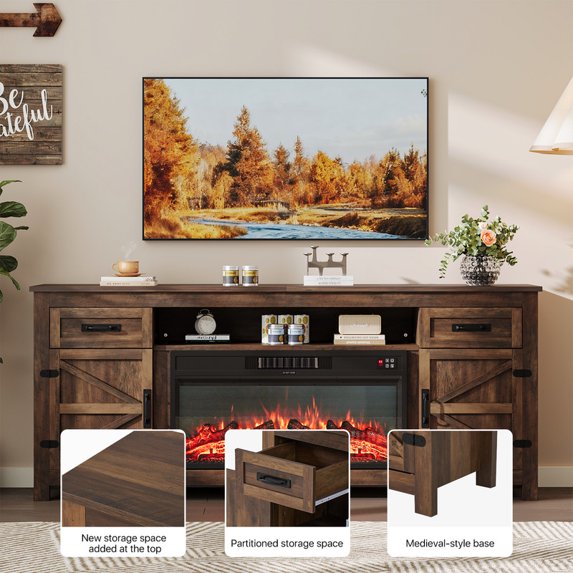 Sonegra 80" Fireplace TV Stand, Entertainment Center for TVs Up to 90”, TV Console with Storage Cabinets, Media Console for Living Room, White TV Stand and Black Fireplace, Brown
