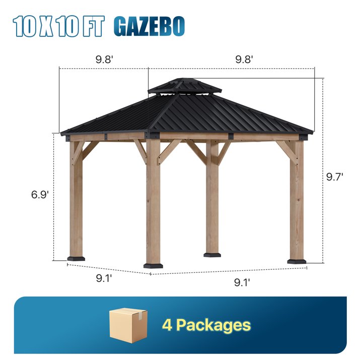 Sunmthink 10'x10' Outdoor Hardtop Gazebo, Cedar Wood Pavilion with Galvanized Steel Double Roof, for Patio, Garden, Deck