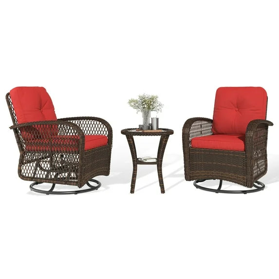 Clouddwell 3 Piece Patio Furniture Set Wicker Rattan Patio Conversation Set Outdoor Sectional Sofa Set with Coffee Table and Red Cushions