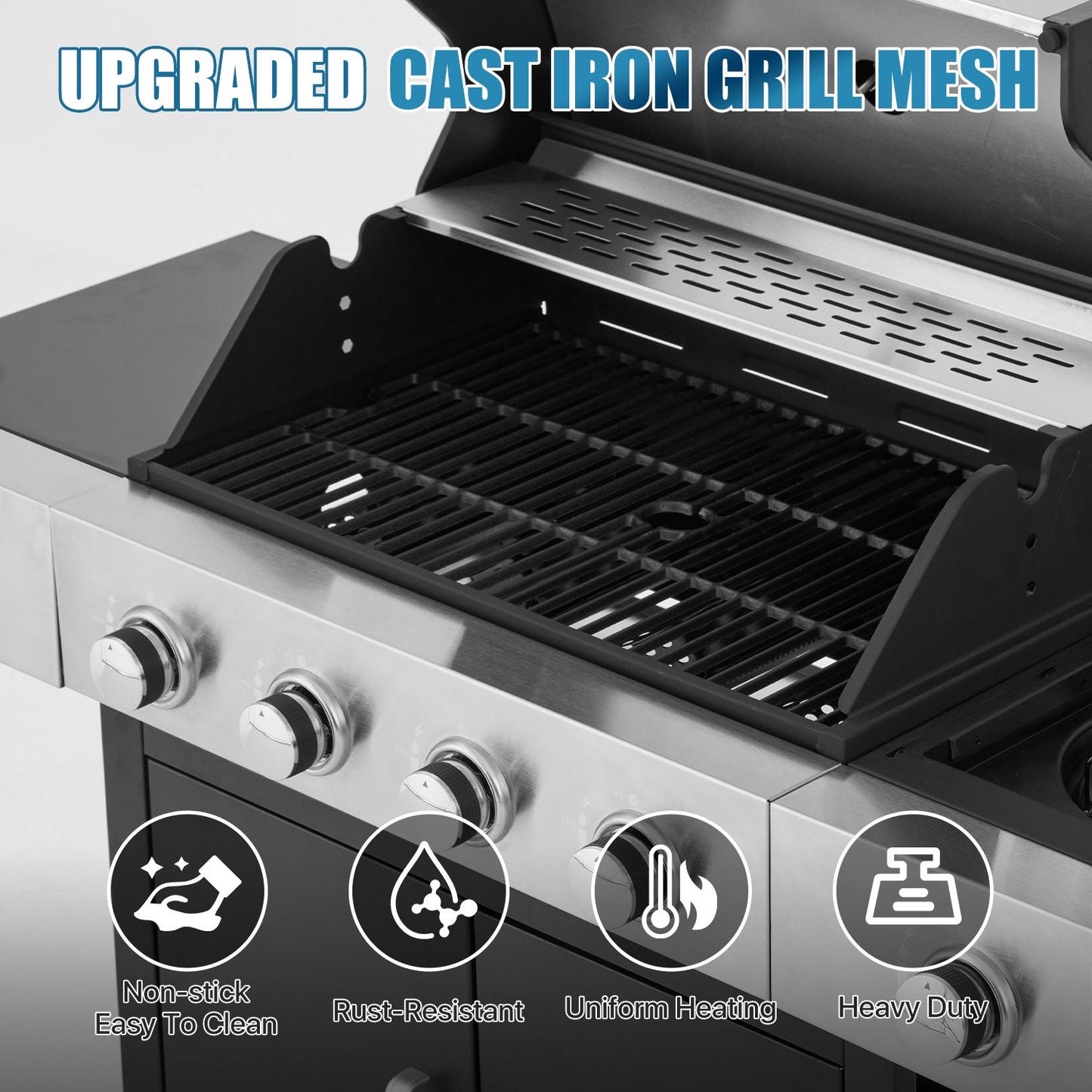 Sunmthink 4 Burner Propane Gas Grill, Stainless Steel, Built-in Thermometer, 4 Swivel Casters, and Side Table, Suitable for Camping, Outdoor Cooking, Patio, and Garden