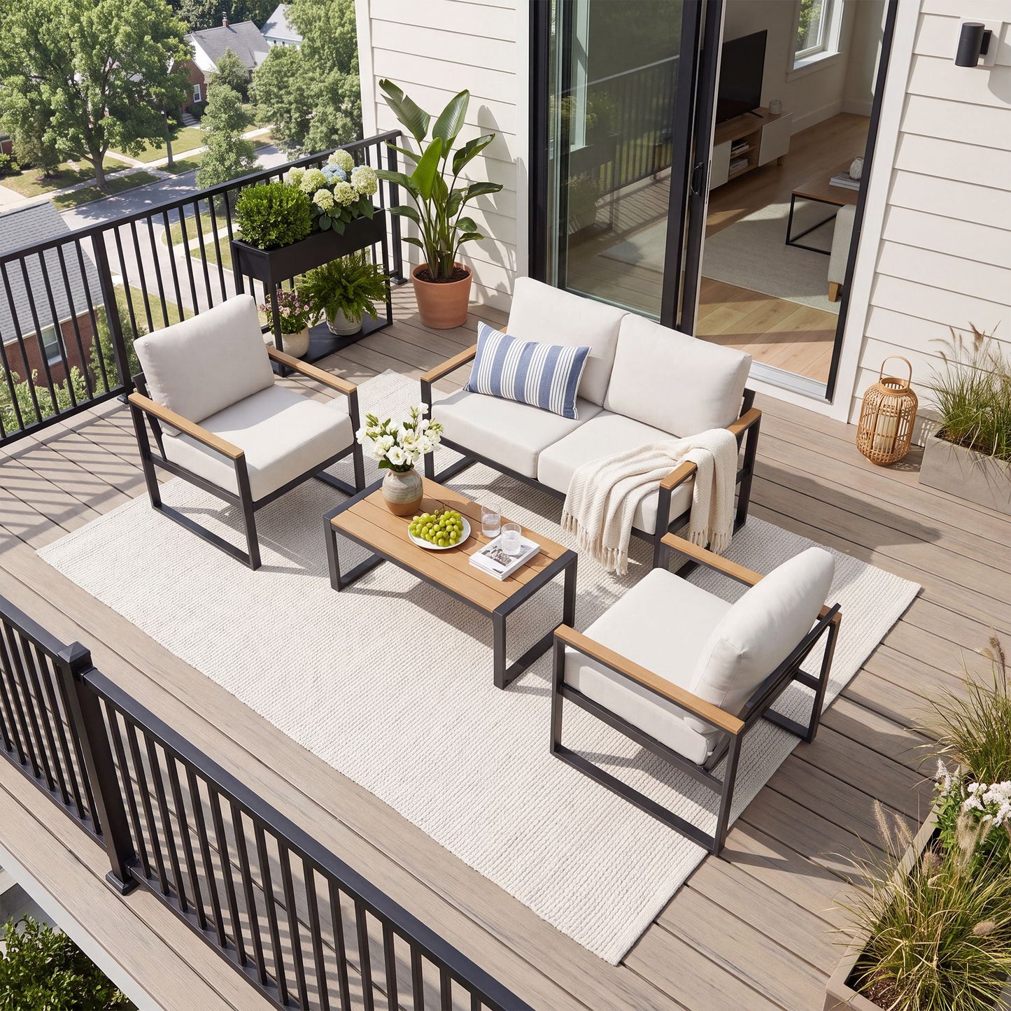 Clouddwell 4-Piece Patio Conversation Set, Heavy-Duty Metal Outdoor Furniture, Loveseat for Deck, Porch, Balcony (Beige)