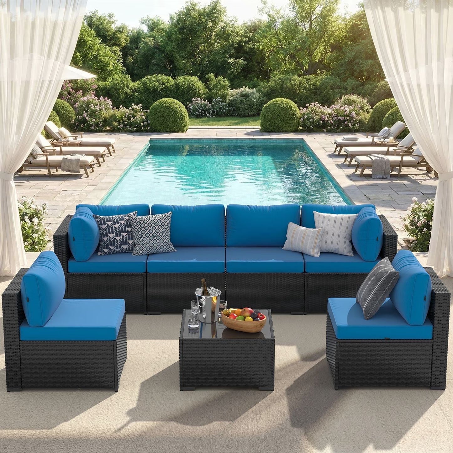 Clouddwell 7 Piece Outdoor Patio Furniture Set, Wicker Rattan Patio Sectional Sofa Set, Peacock Blue