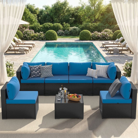 Clouddwell 7 Piece Outdoor Patio Furniture Set, Wicker Rattan Patio Sectional Sofa Set, Peacock Blue