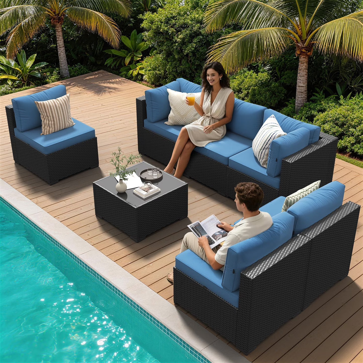 Clouddwell 7 Piece Outdoor Patio Furniture Set, Wicker Rattan Patio Sectional Sofa Set, Peacock Blue