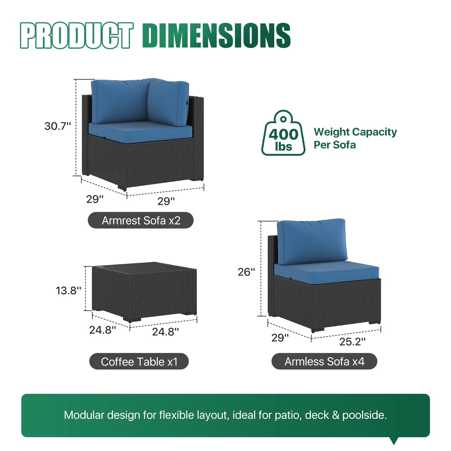 Clouddwell 7 Piece Outdoor Patio Furniture Set, Wicker Rattan Patio Sectional Sofa Set, Peacock Blue