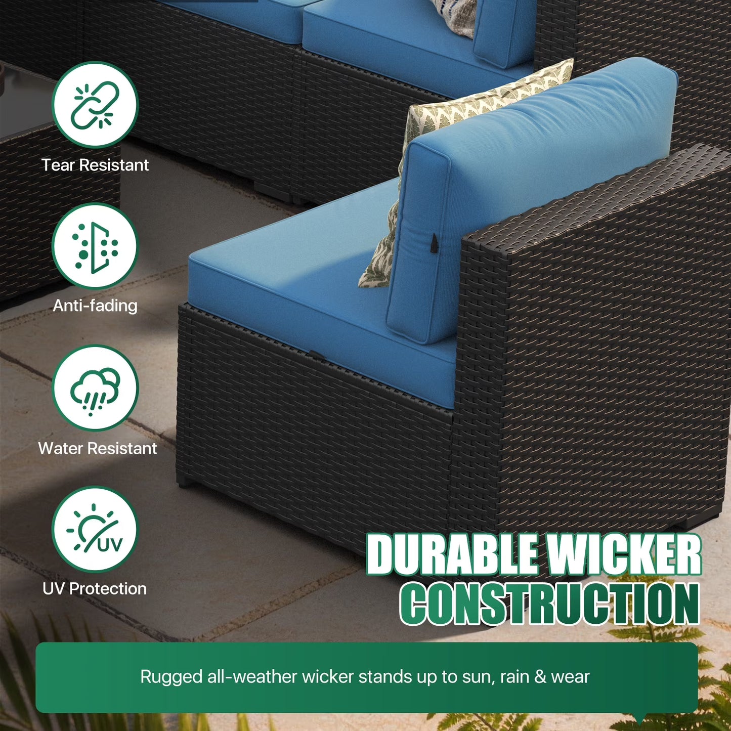 Clouddwell 7 Piece Outdoor Patio Furniture Set, Wicker Rattan Patio Sectional Sofa Set, Peacock Blue