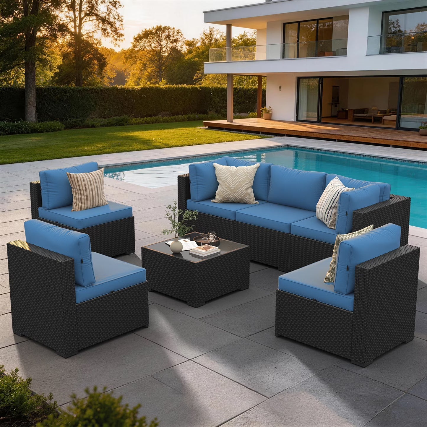 Clouddwell 7 Piece Outdoor Patio Furniture Set, Wicker Rattan Patio Sectional Sofa Set, Peacock Blue