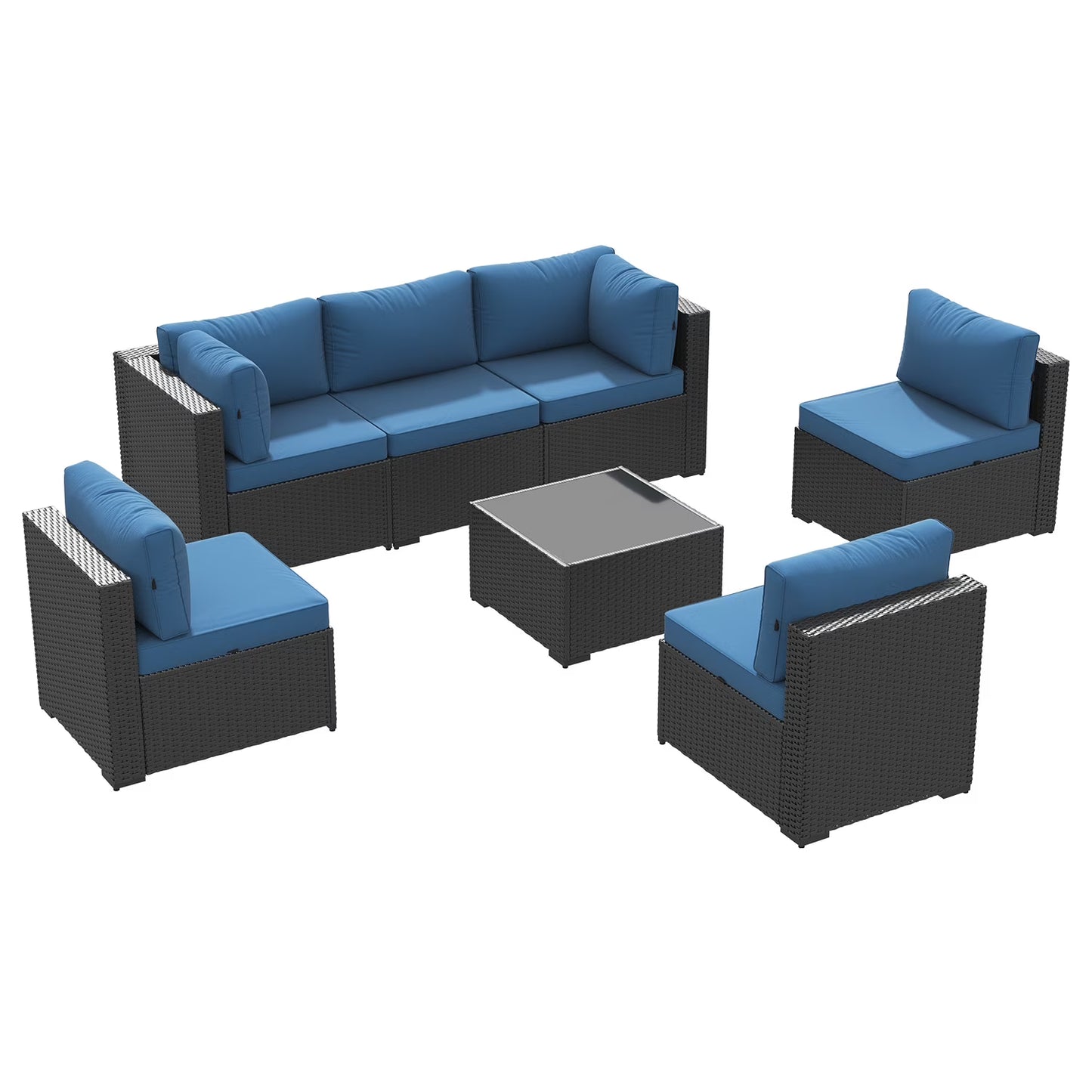 Clouddwell 7 Piece Outdoor Patio Furniture Set, Wicker Rattan Patio Sectional Sofa Set, Peacock Blue