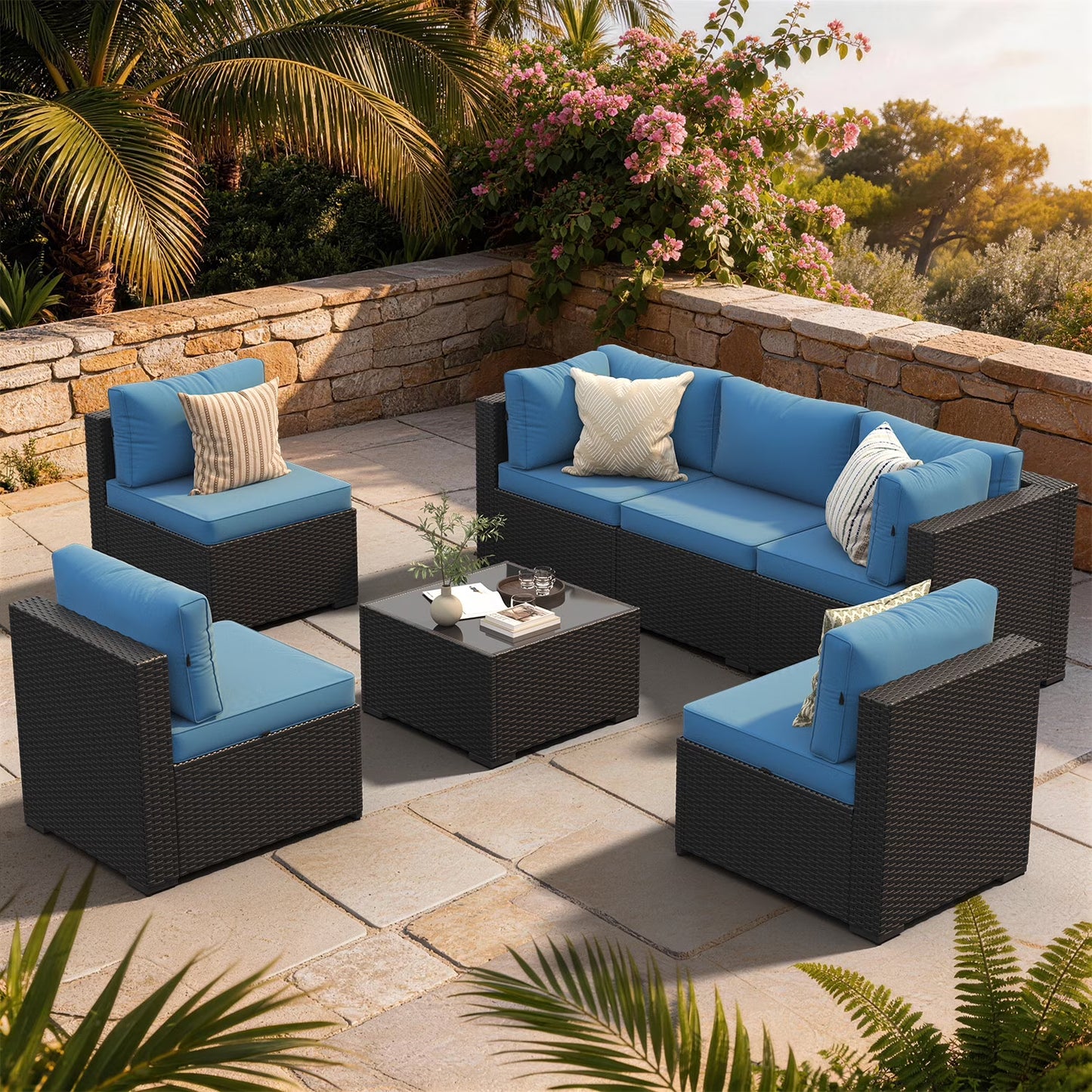 Clouddwell 7 Piece Outdoor Patio Furniture Set, Wicker Rattan Patio Sectional Sofa Set, Peacock Blue