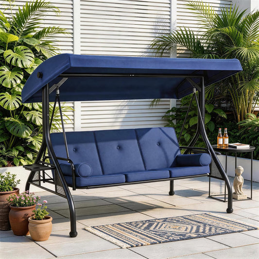 Clouddwell Outdoor Porch Swing with Stand and Canopy, 3-Seat Porch Swing with Stand for Garden, Yard & Balcony, Blue