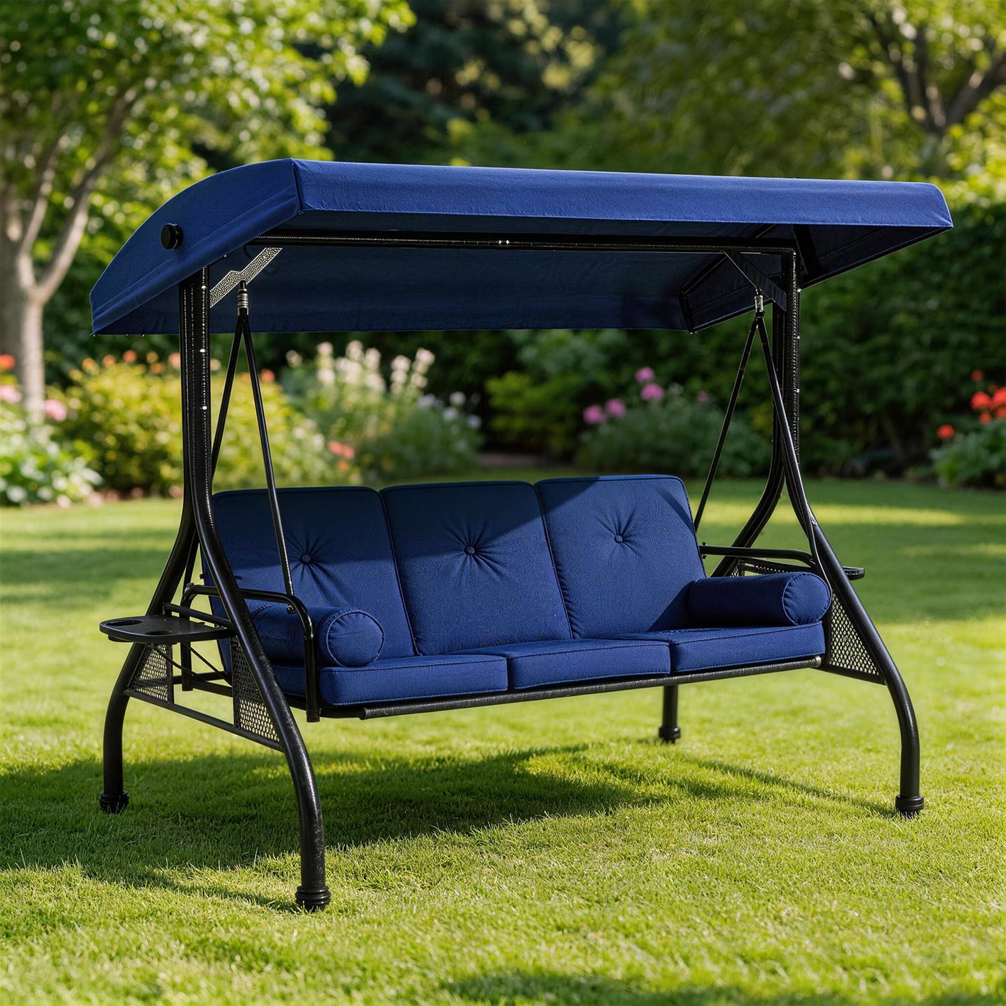 Clouddwell Outdoor Porch Swing with Stand and Canopy, 3-Seat Porch Swing with Stand for Garden, Yard & Balcony, Blue