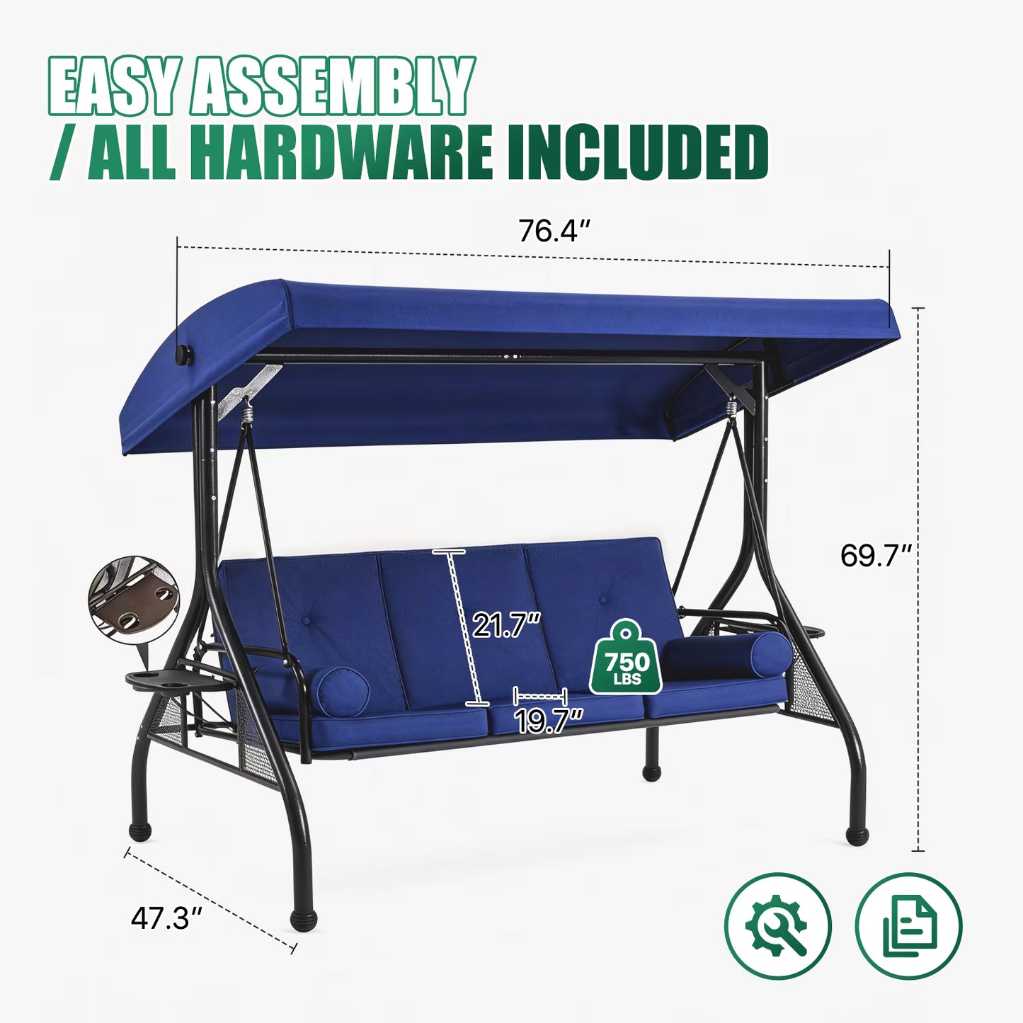 Clouddwell Outdoor Porch Swing with Stand and Canopy, 3-Seat Porch Swing with Stand for Garden, Yard & Balcony, Blue