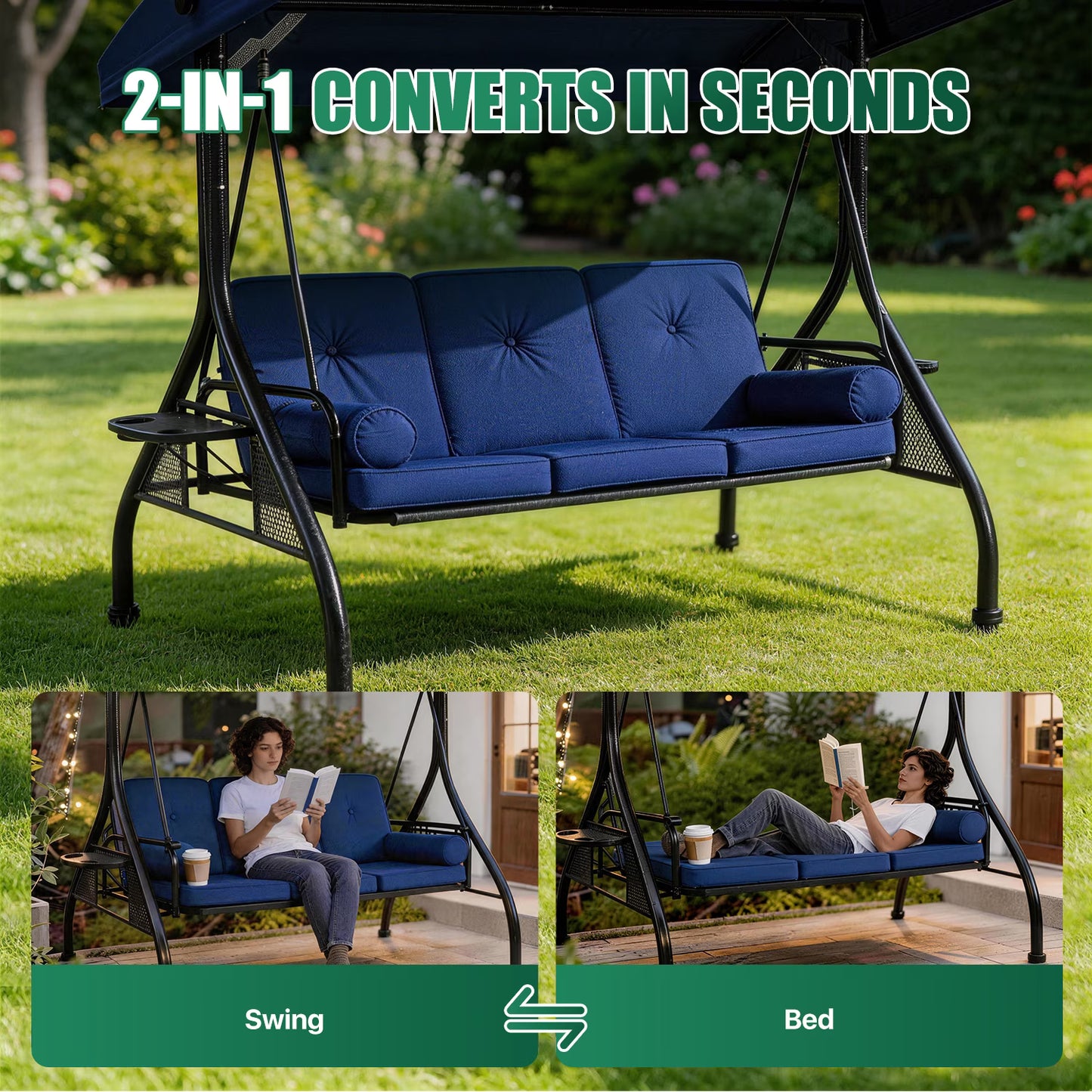 Clouddwell Outdoor Porch Swing with Stand and Canopy, 3-Seat Porch Swing with Stand for Garden, Yard & Balcony, Blue
