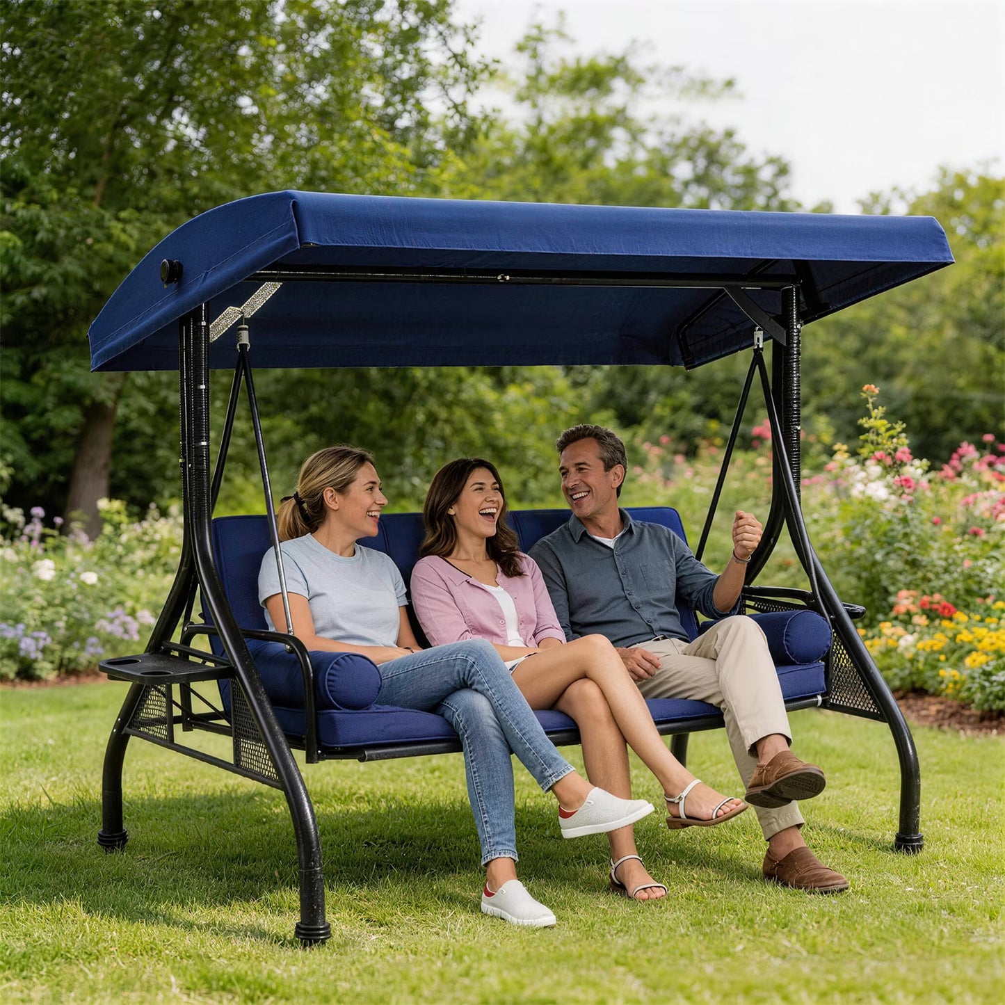 Clouddwell Outdoor Porch Swing with Stand and Canopy, 3-Seat Porch Swing with Stand for Garden, Yard & Balcony, Blue