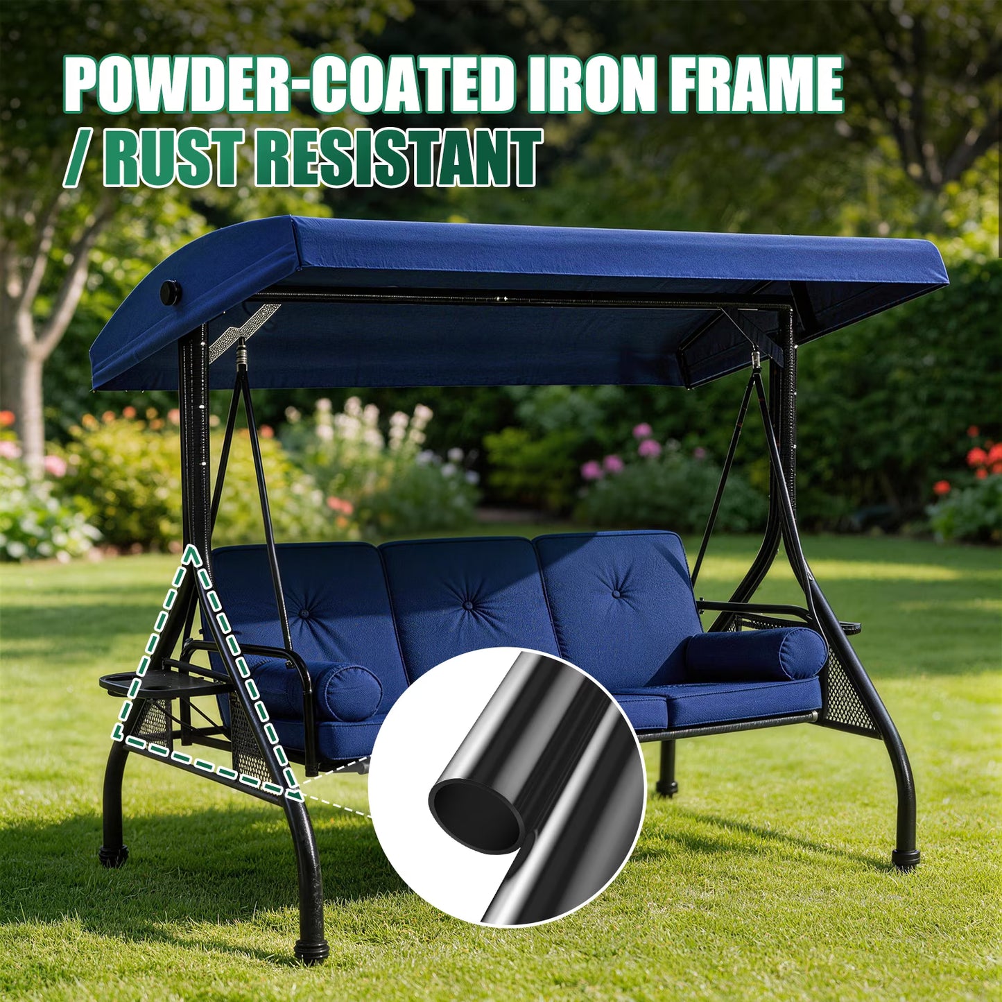 Clouddwell Outdoor Porch Swing with Stand and Canopy, 3-Seat Porch Swing with Stand for Garden, Yard & Balcony, Blue